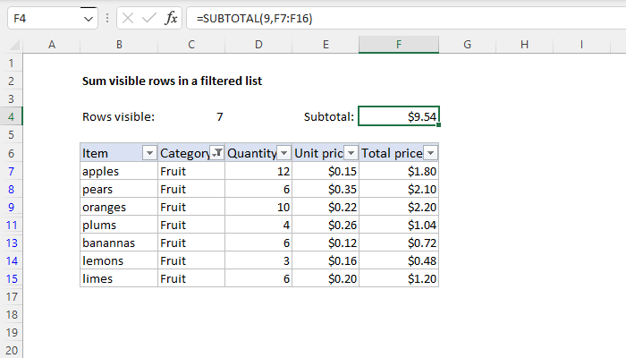 Excel Formula Sum Visible Rows In A Filtered List Exceljet 1330